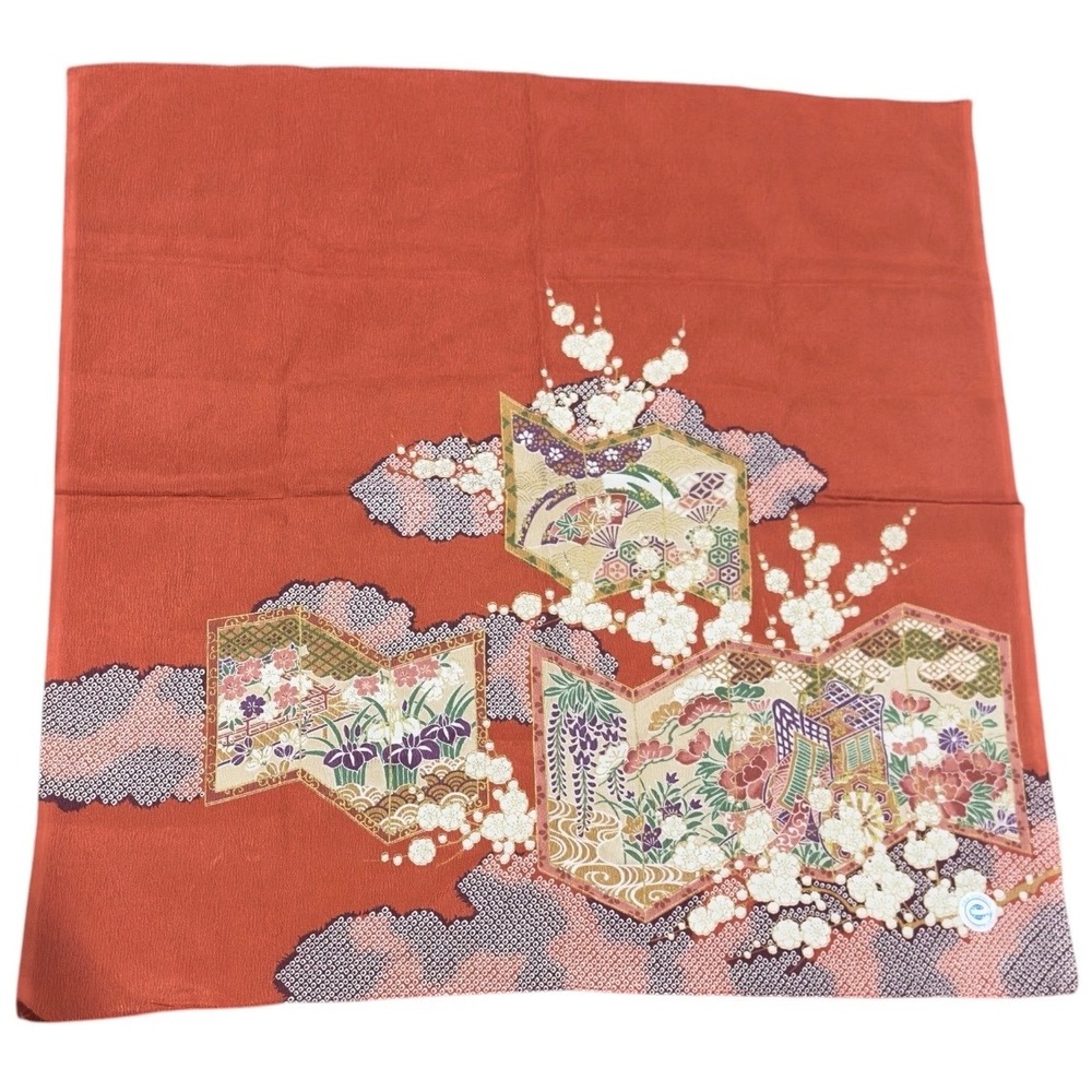 Vintage Japanese Furoshiki Wrapping Cloth Orange Red Floral Screen Shibori 28in